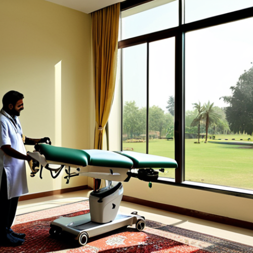 Home 19 **
A rehabilitation center interior. A physiotherapist guides a patient using robotic arm technology during a recovery session. Sunlight streams through a large window showcasing a lush green park in the background. Modern medical equipment is visible alongside traditional Urdu-style carpets and decorations to create a familiar and comforting atmosphere. The color palette should be warm and inviting, with a focus on hope and progress.
**