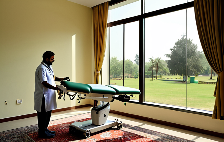 **

A rehabilitation center interior. A physiotherapist guides a patient using robotic arm technology during a recovery session. Sunlight streams through a large window showcasing a lush green park in the background. Modern medical equipment is visible alongside traditional Urdu-style carpets and decorations to create a familiar and comforting atmosphere. The color palette should be warm and inviting, with a focus on hope and progress.

**
