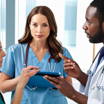 **

A diverse group of healthcare professionals (doctors, nurses, therapists) in a modern hospital setting, collaborating and discussing patient care. Focus on teamwork and communication. Include EMR (Electronic Medical Record) screens in the background. Bright, professional lighting.

**