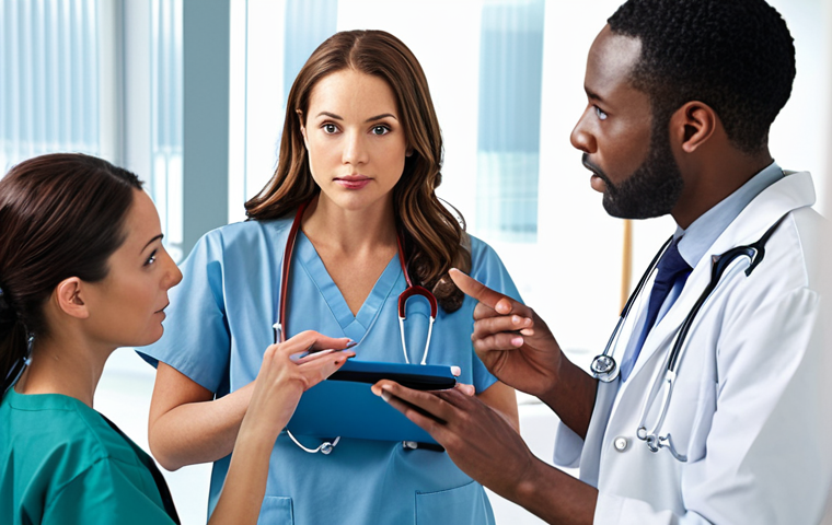 **
A diverse group of healthcare professionals (doctors, nurses, therapists) in a modern hospital setting, collaborating and discussing patient care. Focus on teamwork and communication. Include EMR (Electronic Medical Record) screens in the background. Bright, professional lighting.
**
