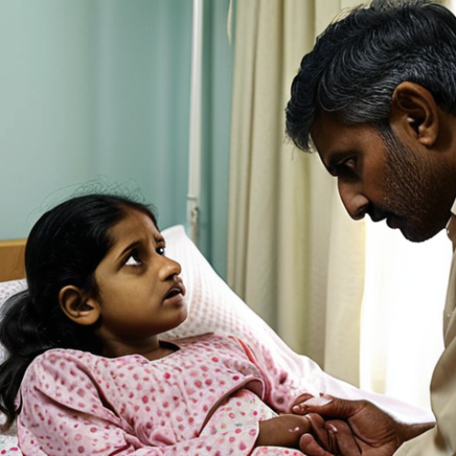 Home 8 **Image Prompt:** A worried South Asian family (mother, father, daughter) gathered around a hospital bed. The lighting is soft, conveying a sense of uncertainty and fear. The daughter is holding the patient's hand. Focus on their facial expressions, showing a mix of love, concern, and apprehension. Consider the use of muted colors to emphasize the somber mood.