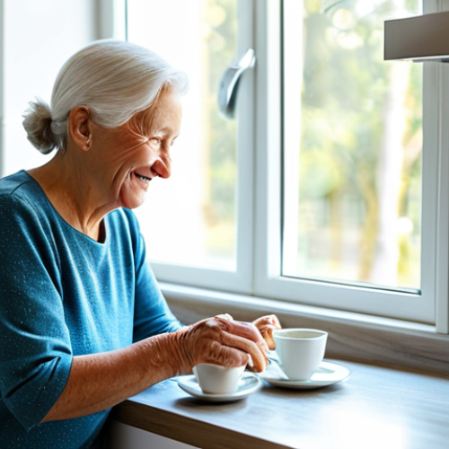 Home 27 A dignified elderly woman with a gentle smile, dressed in modest, comfortable clothing, carefully pouring tea into a cup in a brightly lit, modern kitchen. The scene emphasizes regaining independence in daily tasks. The kitchen is clean and organized, with natural light streaming through a window. Fully clothed, appropriate attire, safe for work, perfect anatomy, correct proportions, natural pose, well-formed hands, proper finger count, natural body proportions, professional photography, high quality, family-friendly, appropriate content.