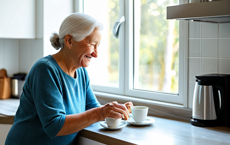A dignified elderly woman with a gentle smile, dressed in modest, comfortable clothing, carefully pouring tea into a cup in a brightly lit, modern kitchen. The scene emphasizes regaining independence in daily tasks. The kitchen is clean and organized, with natural light streaming through a window. Fully clothed, appropriate attire, safe for work, perfect anatomy, correct proportions, natural pose, well-formed hands, proper finger count, natural body proportions, professional photography, high quality, family-friendly, appropriate content.