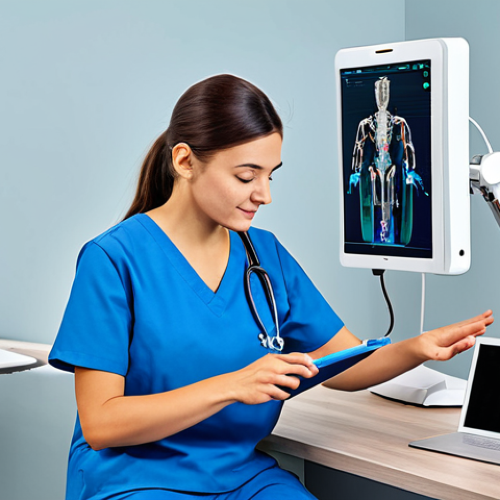 작업치료사의 온라인 학습 플랫폼 추천 - **An occupational therapist helping a patient with daily tasks, AI and robotics assisting, telehealt...