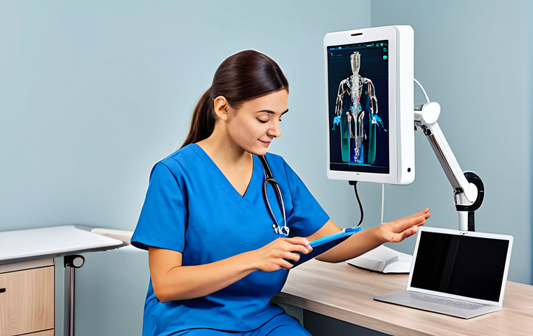 작업치료사의 온라인 학습 플랫폼 추천 - **An occupational therapist helping a patient with daily tasks, AI and robotics assisting, telehealt...