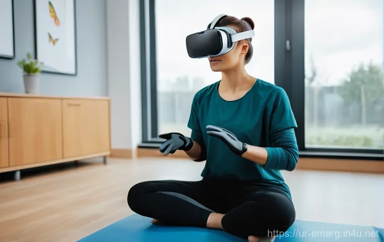 작업치료사의 치료 기술 발전 - **Image Prompt: Virtual Reality Hand Rehabilitation**
"A bright and modern rehabilitation center...