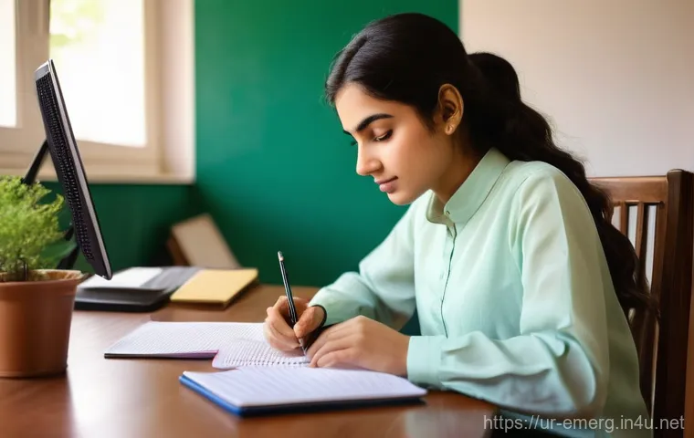 작업치료사의 자격증 시험 후기 - **Prompt 1: Dedicated Exam Preparation**
"A young Pakistani woman, in her early twenties, sits f...