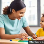 작업치료사의 성공 스토리 - **Prompt 1: Child Learning Through Play with Therapist**
"A brightly lit, colorful therapy room ...