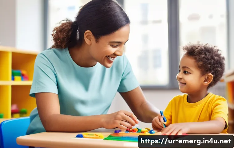 작업치료사의 성공 스토리 - **Prompt 1: Child Learning Through Play with Therapist**
"A brightly lit, colorful therapy room ...