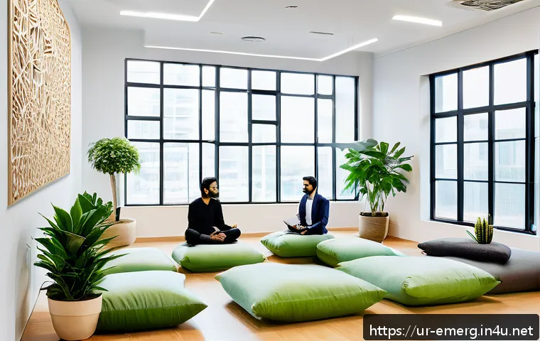 작업치료사의 임상 연구 주제 - A serene office meditation corner designed for mental wellness in a modern Pakistani workplace, feat...