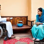 작업치료사와 가족 치료 - A warm and supportive family home environment in an urban Pakistani setting, showing a middle-aged m...