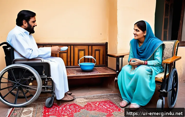 작업치료사와 가족 치료 - A warm and supportive family home environment in an urban Pakistani setting, showing a middle-aged m...