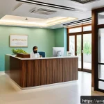 작업치료사의 클리닉 관리 팁 - A modern therapy clinic reception area in Pakistan, featuring a sleek digital appointment booking ki...