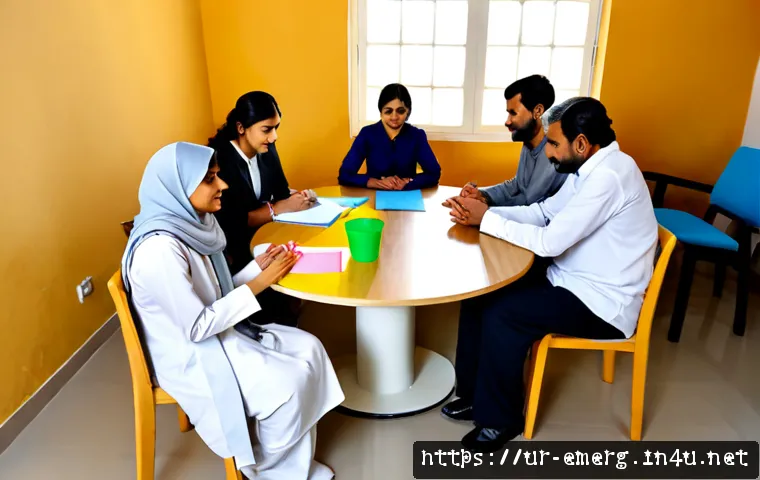 작업치료사의 팀워크 촉진 전략 - Photorealistic occupational therapy team meeting in a bright rehabilitation clinic in Pakistan, dive...